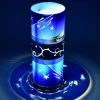 Lamp shown under spot light set directly overhead. Photo displays marvelous projected patterns of light and shadow surrounding base of lamp.