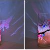 With internal color-changing LED highlighting graphic strength of this lamp. Shown front and back views.