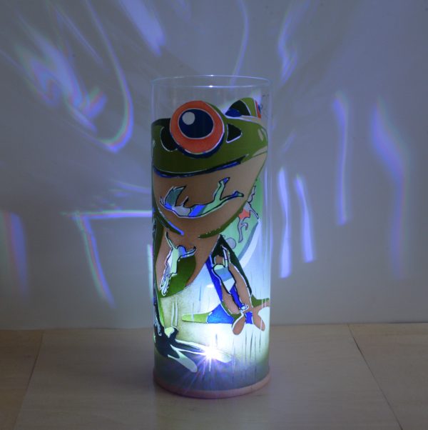 Lamp shown displaying brilliant projected images using only its internal LED.