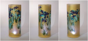 A69 Trip Lit by natural sun light, views of unique art glass lamp show at three stages of rotation here arranged in a triptych.