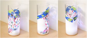 Anje Trip Anje Rozan unique art glass lamp shown lit in three stages of rotation arranged in a triptych.