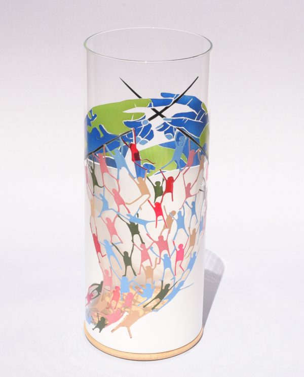 Anje Rozan unique art glass Lamp shown lit by full sun, rear view.
