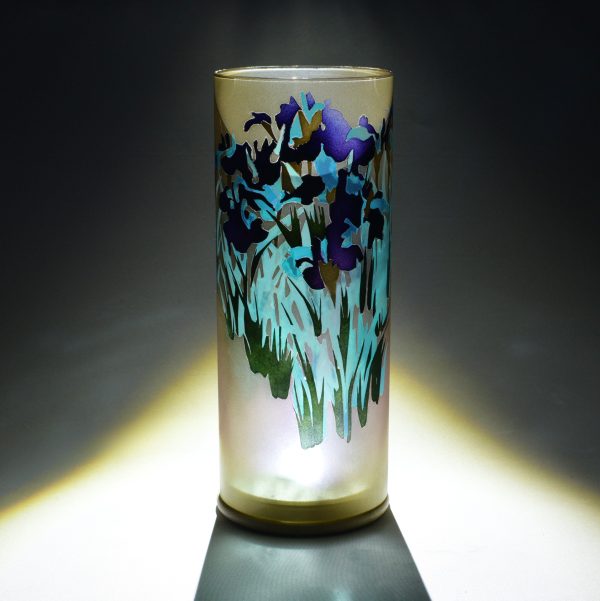 Art glass lamp shown under flood light from the back. Ponto emphasizes the transparent colors and the superimposition which transform the image.