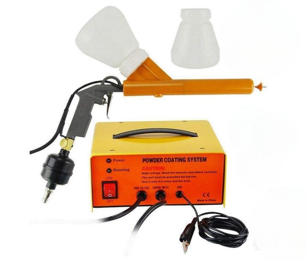 Electrostatic powder coating system: gun, powder coating bottles, HI DC voltage system.
