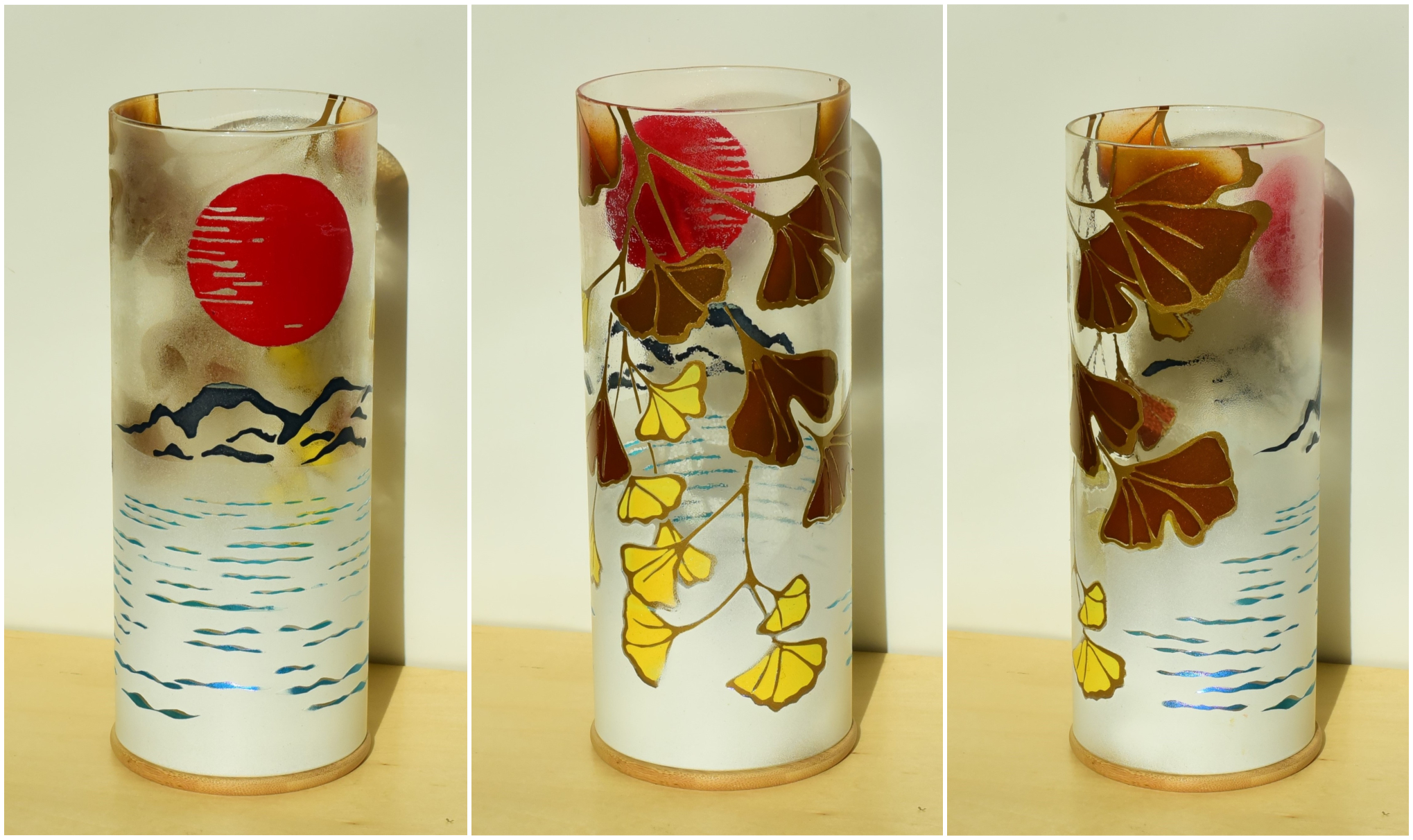 Accent lamp lit by the LED shown in three stages of rotation arranged in a triptych.