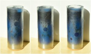 Splitting Particles Trip 02 Table lamp shown in full sun in three stages of rotation arranged in a triptych.