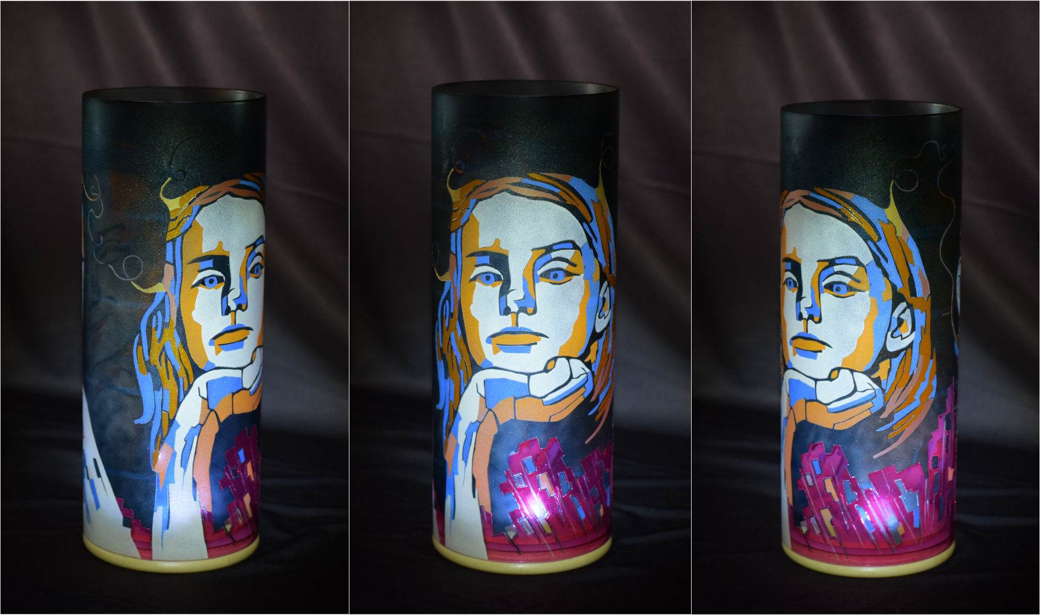 Accent lamp shown in full sun in three stages of rotation arranged in a triptych.